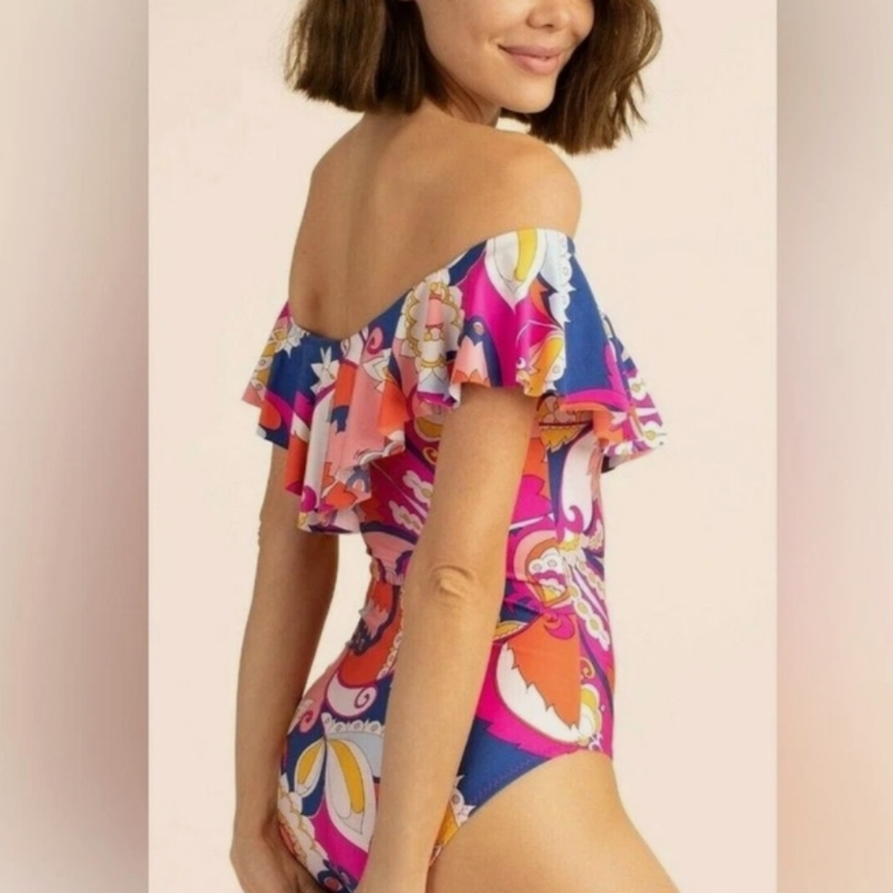 Trina Turk Sevilla Cap Sleeve Off Shoulder Ruffle One Piece Swimsuit - Picture 5 of 9